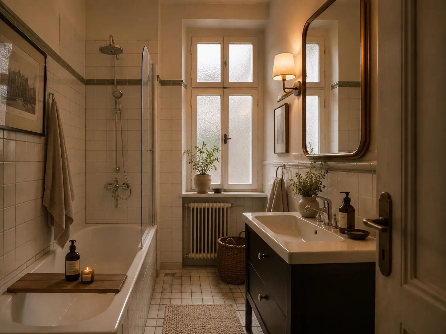 Älteres Badezimmer mit wohnlichem modernen Charme